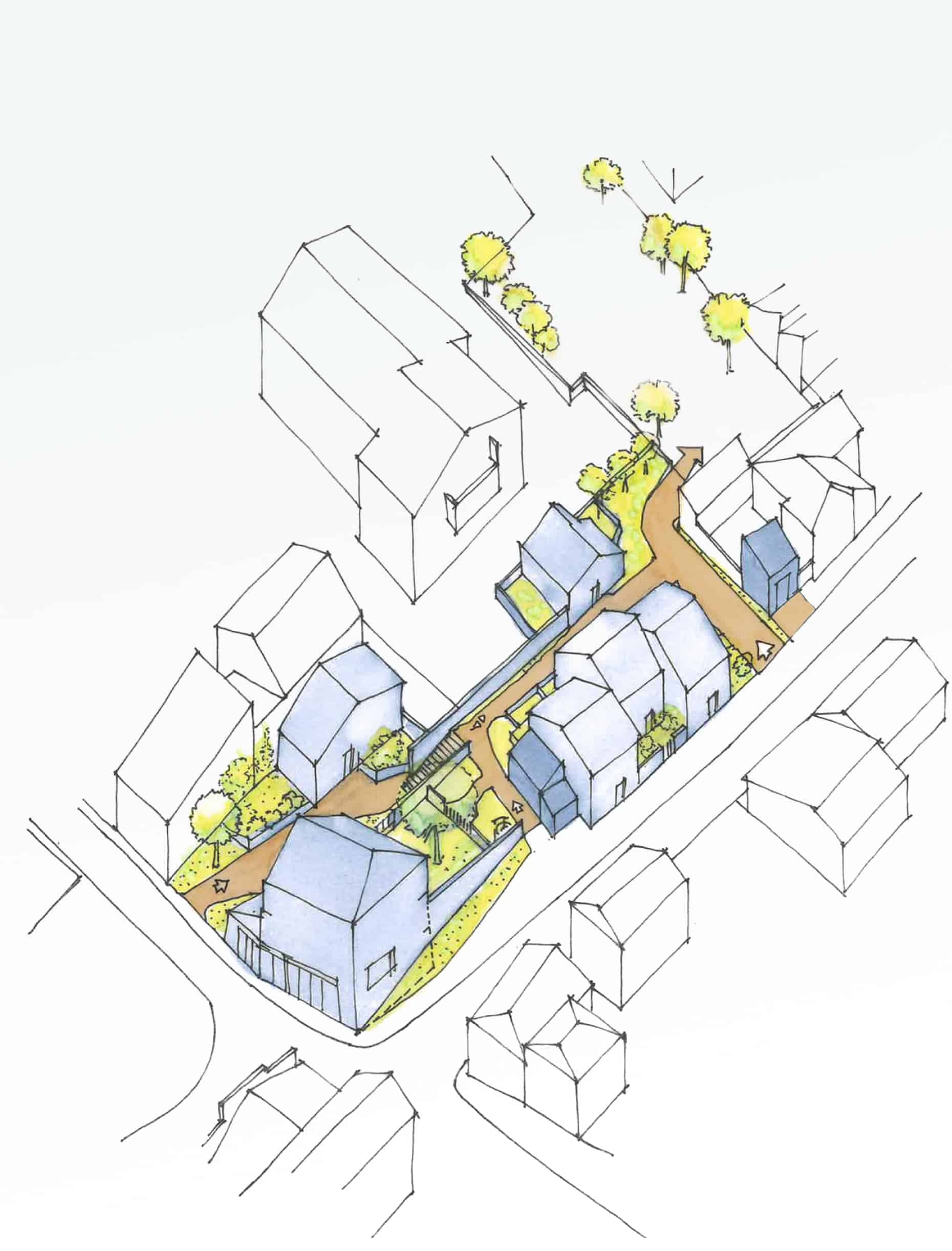 Croquis en axonométrie représentant un projet d’aménagement d’un îlot résidentiel. Plusieurs bâtiments sont disposés autour de cheminements internes reliant les différents espaces. Le dessin met en évidence un cœur d’îlot végétalisé, avec des espaces verts et des arbres, ainsi qu’une organisation des constructions à échelle résidentielle.